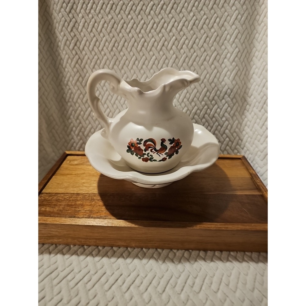 Mccoy White Ceramic Vintage American Pottery Rooster‎ Pitcher and Basin